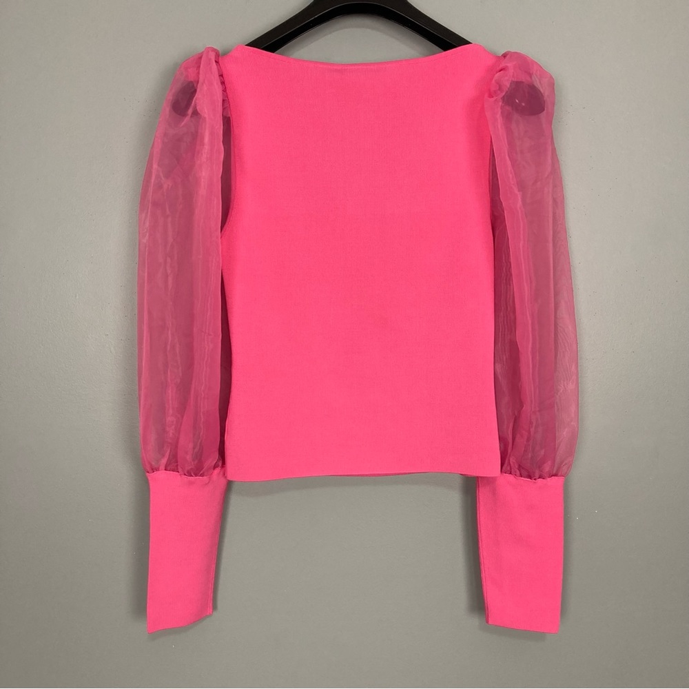 Alice + Olivia French Rose Pink Puff-Sleeve Scoop Neck Sweater - Picture 7 of 15